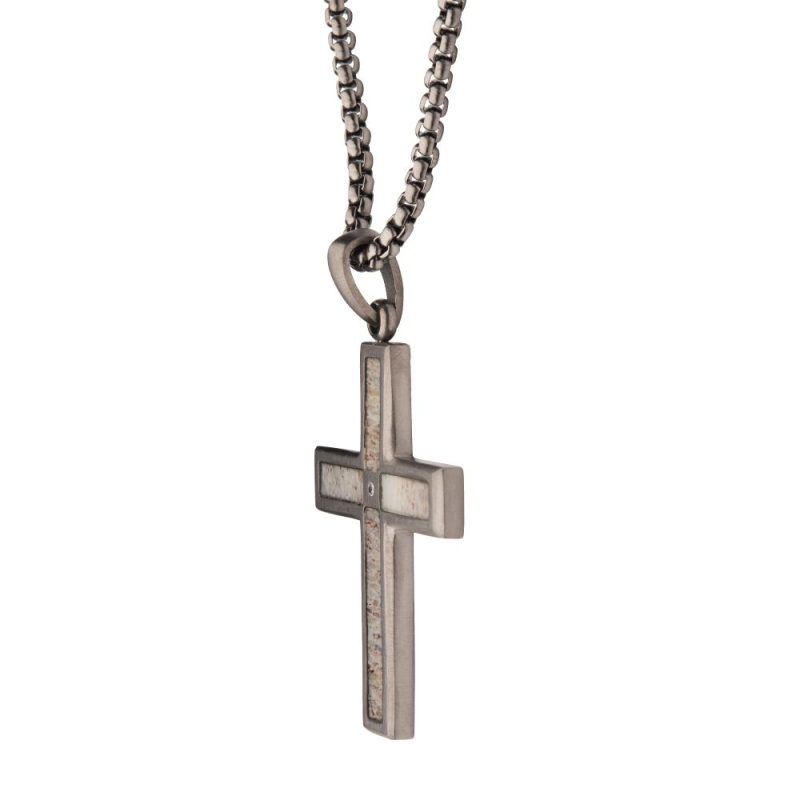 GUN METAL IP STEEL MATTE FINISH DEER ANTLER INLAY WITH CZ CROSS PENDANT - Image 3