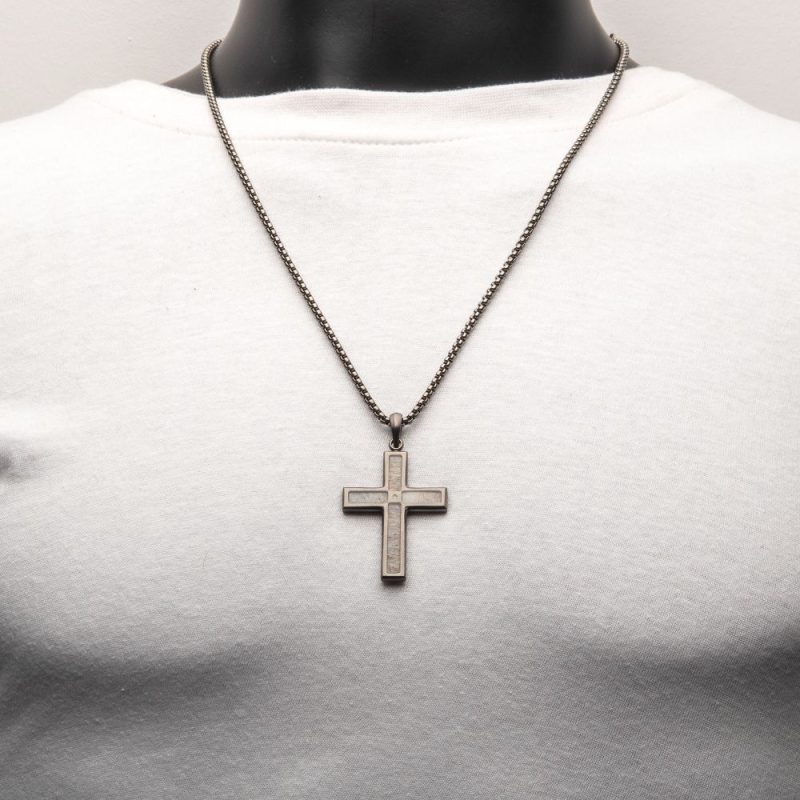GUN METAL IP STEEL MATTE FINISH DEER ANTLER INLAY WITH CZ CROSS PENDANT - Image 2