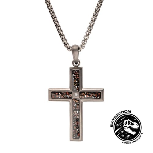 GUN METAL IP STEEL MATTE FINISH BLACK DINOSAUR BONE INLAY WITH CZ CROSS PENDANT