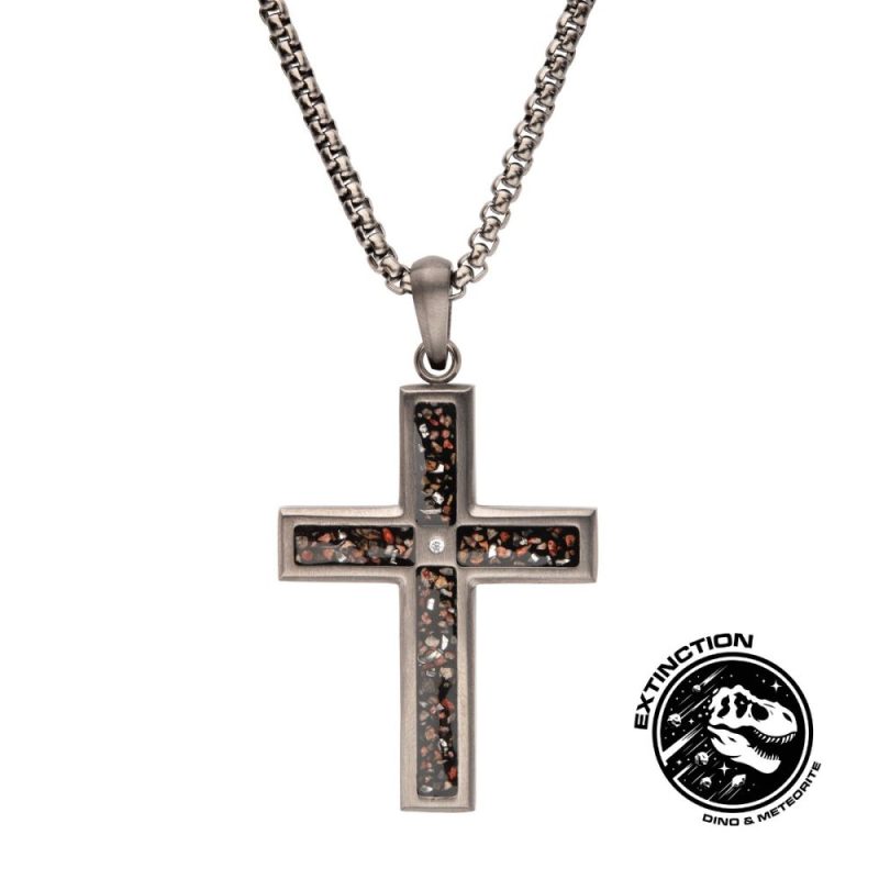 GUN METAL IP STEEL MATTE FINISH BLACK DINOSAUR BONE INLAY WITH CZ CROSS PENDANT