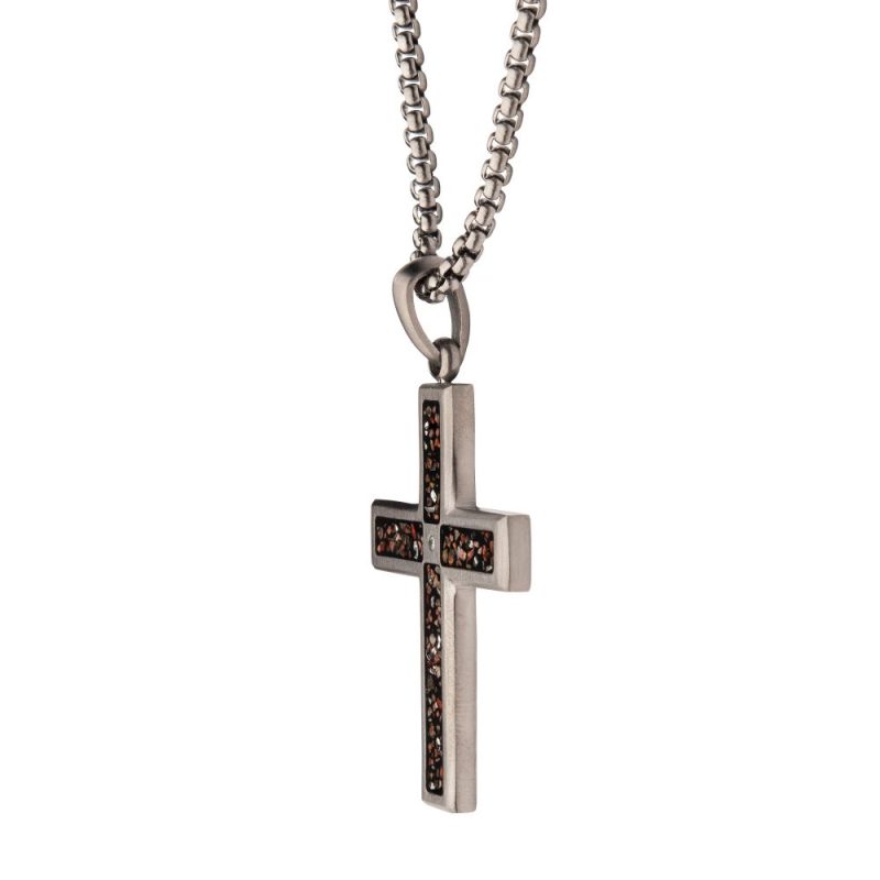 GUN METAL IP STEEL MATTE FINISH BLACK DINOSAUR BONE INLAY WITH CZ CROSS PENDANT - Image 2