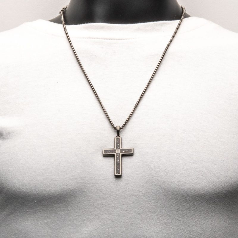 GUN METAL IP STEEL MATTE FINISH BLACK DINOSAUR BONE INLAY WITH CZ CROSS PENDANT - Image 3