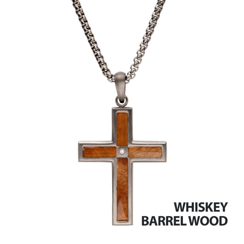 GUN METAL IP STEEL MATTE FINISH WHISKEY BARREL WOOD INLAY WITH CZ CROSS PENDANT - Image 2