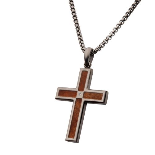 GUN METAL IP STEEL MATTE FINISH WHISKEY BARREL WOOD INLAY WITH CZ CROSS PENDANT
