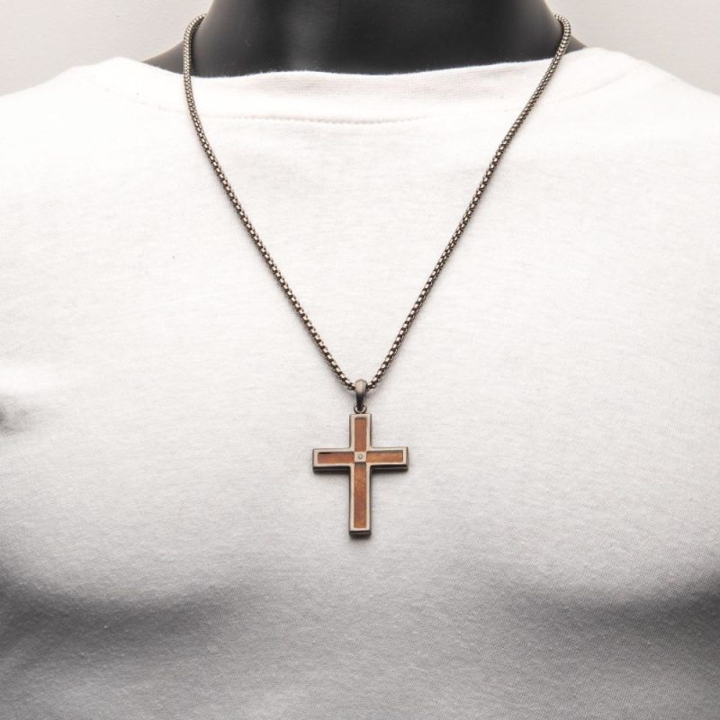 GUN METAL IP STEEL MATTE FINISH WHISKEY BARREL WOOD INLAY WITH CZ CROSS PENDANT - Image 4