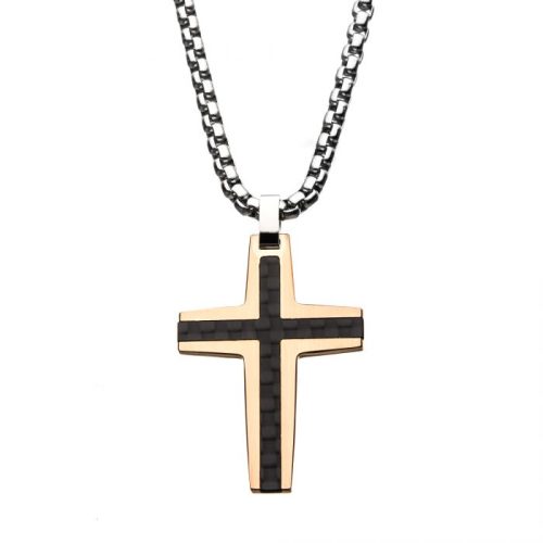 BLACK & ROSE GOLD PLATED WITH CARBON FIBER INLAY CROSS PENDANT WITH STEEL CHAIN