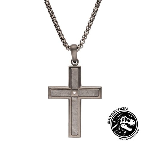 GUN METAL IP STEEL MATTE FINISH METEORITE INLAY WITH CZ CROSS PENDANT