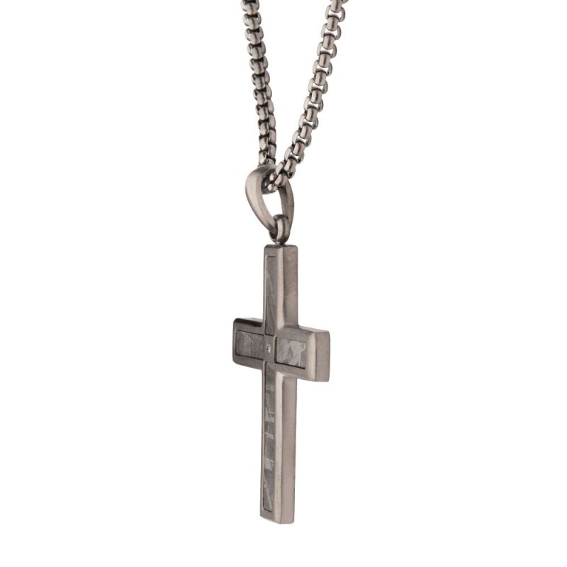 GUN METAL IP STEEL MATTE FINISH METEORITE INLAY WITH CZ CROSS PENDANT - Image 2