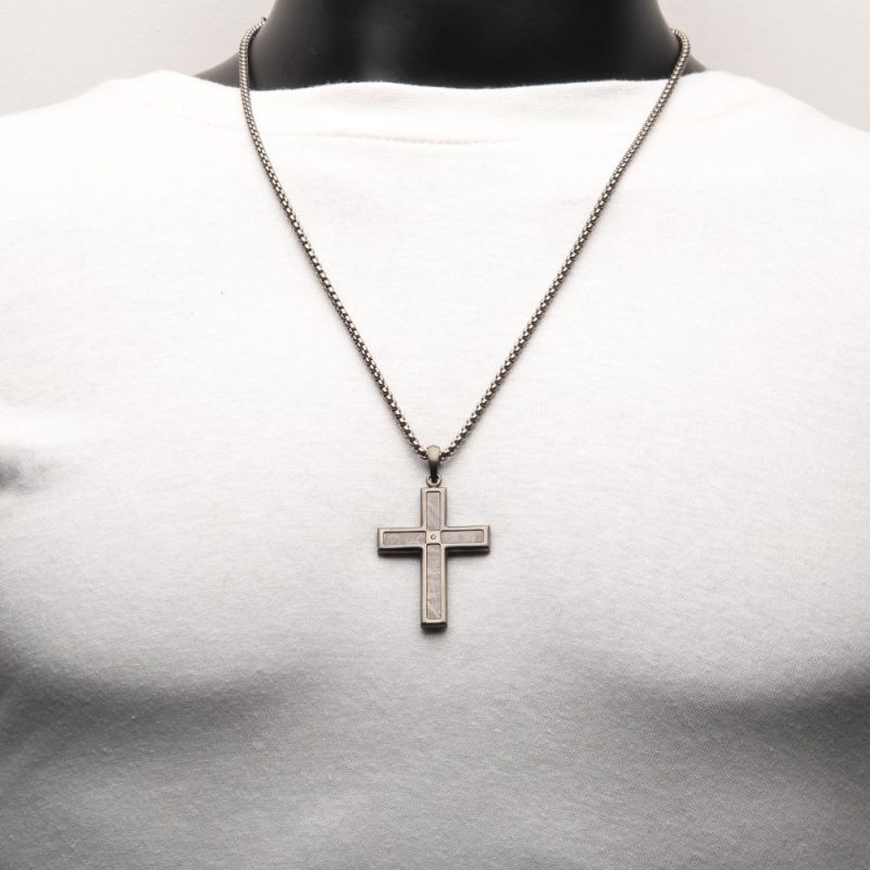 GUN METAL IP STEEL MATTE FINISH METEORITE INLAY WITH CZ CROSS PENDANT - Image 3